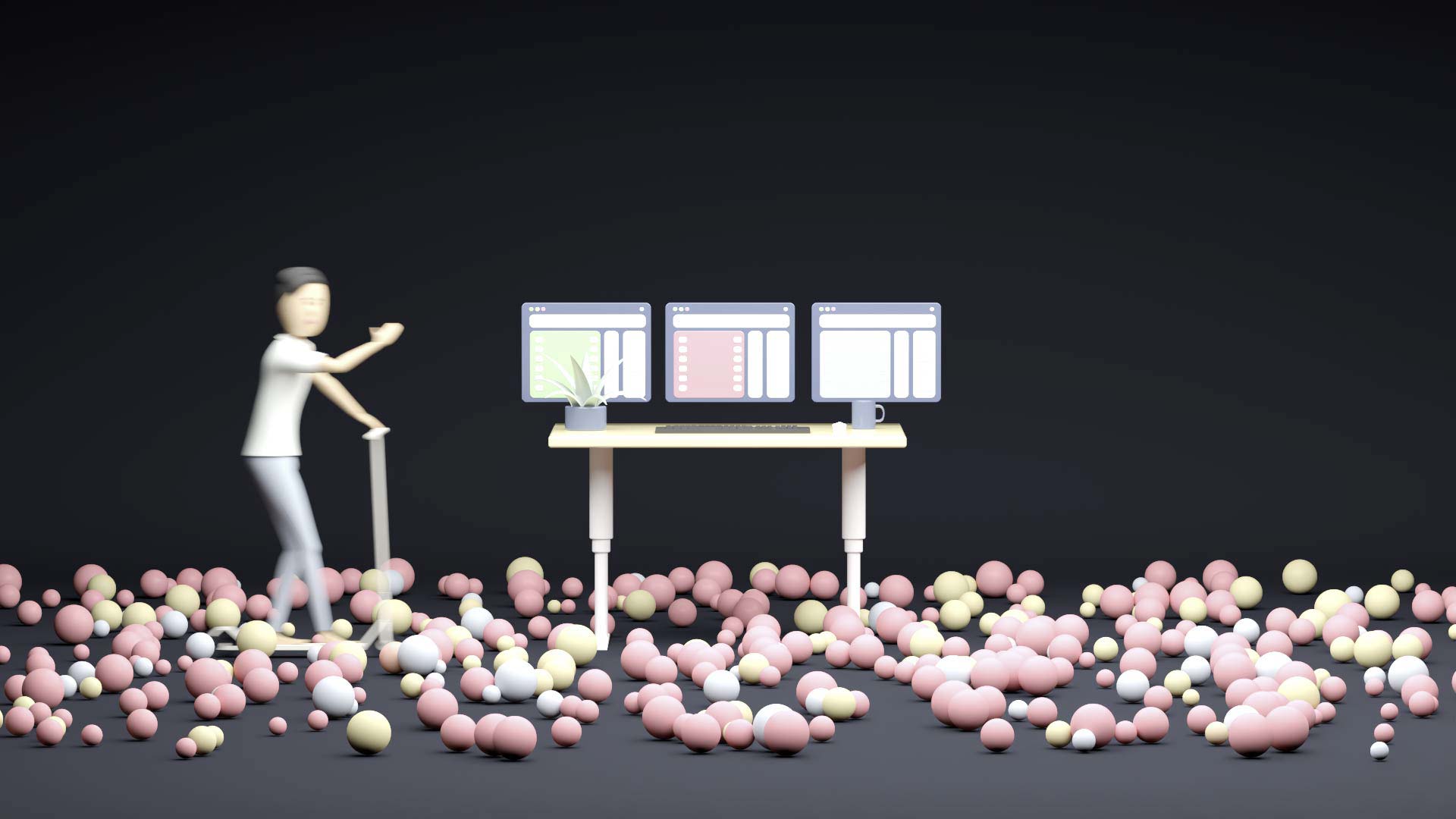 A co-worker enters the workspace represented by a height-adjustable desktop. The co-worker uses an e-scooter. In the room, there are numerous rolling balls representing itesign-developed apps.